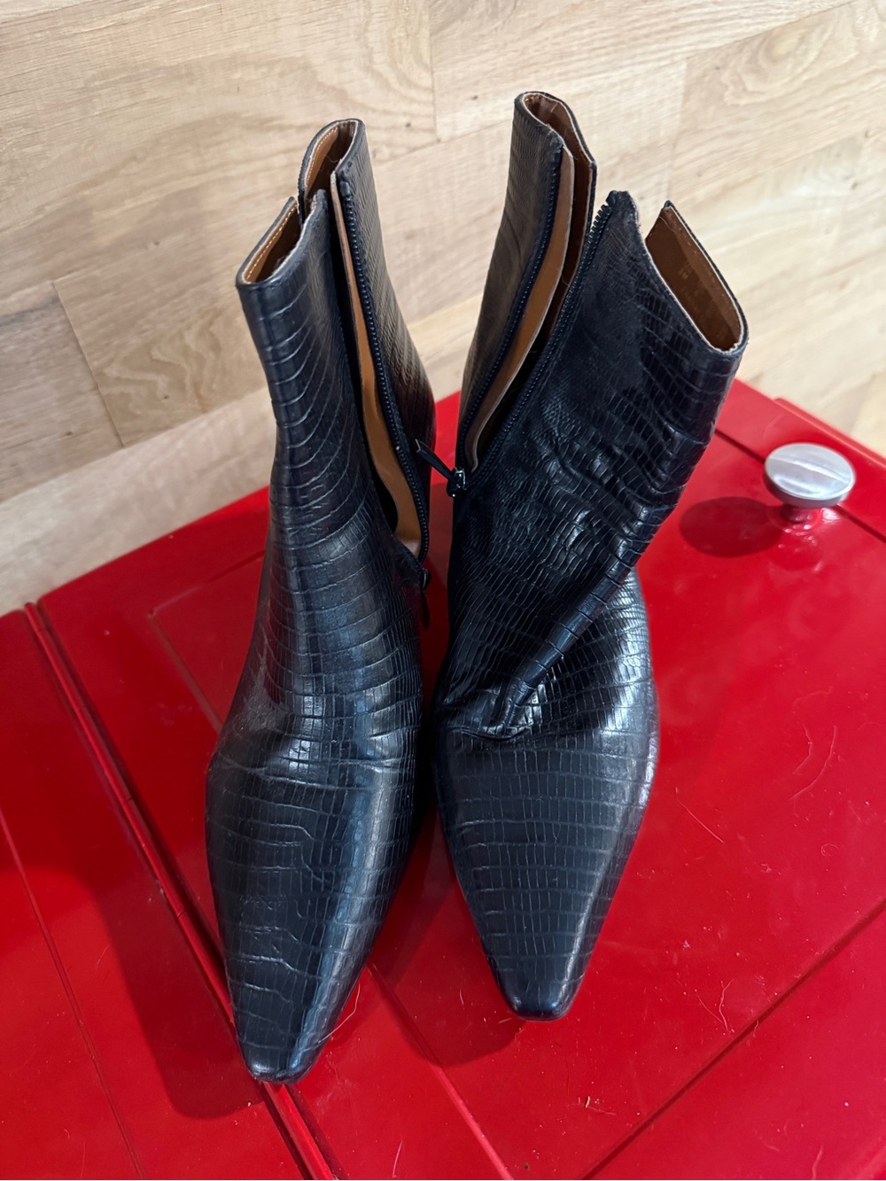 Franco Sarto Black Croc-Embossed Pointed Toe Booties